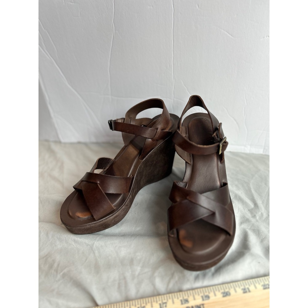 Kork-Ease Brown Leather Platform Wedge Sandals Suede Wrap Boho Retro Womens 8 - Picture 12 of 16